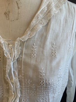 N/L, White, Cotton, Solid, Abstract Grid and Eyelet, Button Front, Lace Ruffle, Lace Panels Next to Placket, Sailor Collar with Lace Trim, Elastic Waist, Long Sleeves with Turned Back Cuff *Many Repairs Already Done, Hole in Right Shoulder*