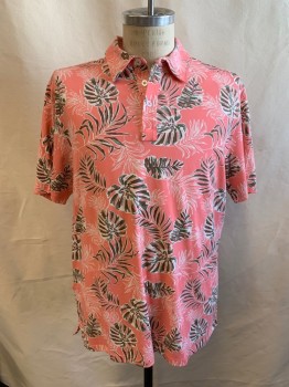 TOMMY BAHAMA, Salmon Pink, White, Olive Green, Cotton, Spandex, Leaves/Vines , Hawaiian Print, Polo, Short Sleeves, Button Front, 3 Plastic Buttons