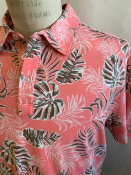 TOMMY BAHAMA, Salmon Pink, White, Olive Green, Cotton, Spandex, Leaves/Vines , Hawaiian Print, Polo, Short Sleeves, Button Front, 3 Plastic Buttons