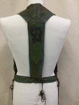 MTO, Teal Blue, Olive Green, Black, Gray, Leather, Speckled, (Aged/Distressed) Teal Blue/olive with Black,gray/Sprayed, Black Arrows Drawing, Straps/buckles/pouch pockets with Flaps Detail, 2 Short Straps Velcro Front, No Side, Lacing/strings Detail Back