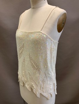 SWEE LO, Cream, Silk, Sequins, Spaghetti Strap, Jagged Hem with Small Pearl & Leaf Detail