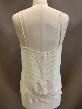 SWEE LO, Cream, Silk, Sequins, Spaghetti Strap, Jagged Hem with Small Pearl & Leaf Detail