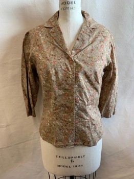 MTO, Tan Brown, Brown, Cream, Lt Yellow, Sienna Brown, Cotton, Floral, 1930s, Neutral Color Floral, 3/4 Sleeves, Button Front, Collar Attached, *MULTIPLES*