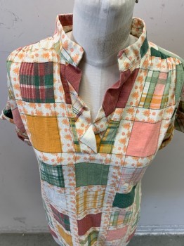 BYER, Cream, Pink, Green, Brick Red, Cotton, Patchwork, S/S, V-N, Floral Under Plaid, Cuffed Sleeve,
