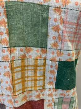 BYER, Cream, Pink, Green, Brick Red, Cotton, Patchwork, S/S, V-N, Floral Under Plaid, Cuffed Sleeve,
