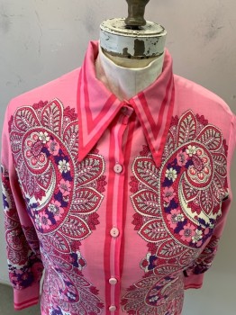N/L, Pink, Hot Pink, Purple, Cotton, Floral, L/S, Pointed Collar, Button Front, Side Slits,