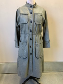 N/L, Gray, Leather, Solid, Black Piping And Top Stitching, Button Front, Stand Collar, Gathered Waist, 4 Patch Pockets, Maroon Lining, Belt Loops But No Belt