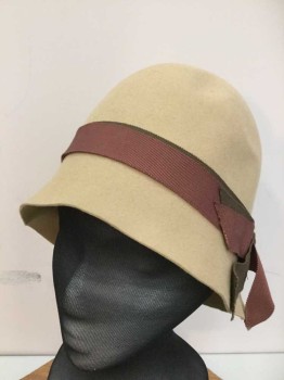 Camel Brown, Sienna Brown, Tobacco Brown, Wool, Solid, Cloche, Soft Structure with Double 2 Tone Ribbon, Simple Bow