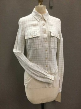 M.T.O., Cream, Khaki Brown, Linen, Cotton, Plaid, Long Sleeves, Collar Attached,  Button Front, 2 Pockets With Button Down Flaps