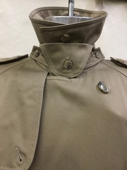 JG HOOK, Lt Brown, Cotton, Solid, Double Breasted, Raglan Sleeves,  Epaulets, 2 Vertical Pocket, Detached Back and Right Front Yoke, Matching Buckle Belt, Belt Loops, Cuffs Have Loops and Buckle Belts, Comes with Removable Collar Extender, Kick Pleat Center Back,