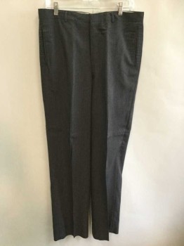 NO LABEL, Charcoal Gray, Black, White, Wool, Stripes - Vertical , Zip and Clasp Fly, Welt Pockets, Good Condition, Interior Suspender Buttons, Double,
