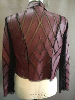 CQ BY CQ, Red Burgundy, Black, Vinyl, Cotton, Geometric, Geometric Faux Leather Pieced Together On Mesh, Long Sleeves, No Closures,