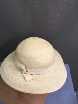 MTO, Tan Brown, Straw, Silk, Straw Hat with Slightly Turned Down Brim, Brim Larger in Front, Tan Silk Grosgrain Ribbon Band with Small Bow