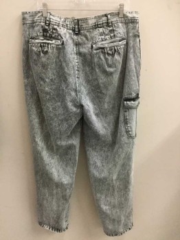 STREET WISE, Gray, Dk Gray, Cotton, Acid Wash, Denim, Mostly Light Gray with Patches/Splotches of Dark Gray and Charcoal, Pleated Waist, Zip Fly, 5 Pockets Including 1 Cargo Pocket at Side Hip, Tapered Leg,