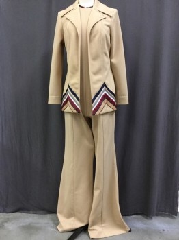 RIGHT ON, Tan Brown, Navy Blue, Red Burgundy, Gray, White, Polyester, Solid, Stripes, Tan with Navy Top Stitching Blazer with Stripes of Different Colored Ribbon in Chevron Pattern at Front at the Hem, Collar Attached, Peaked Notched Lapel, Center Front Opening, No Closures, No Pockets.