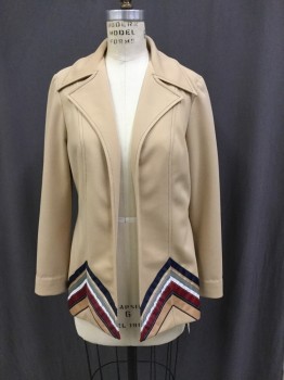 RIGHT ON, Tan Brown, Navy Blue, Red Burgundy, Gray, White, Polyester, Solid, Stripes, Tan with Navy Top Stitching Blazer with Stripes of Different Colored Ribbon in Chevron Pattern at Front at the Hem, Collar Attached, Peaked Notched Lapel, Center Front Opening, No Closures, No Pockets.