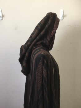 MTO, Black, Brown, Cotton, Rayon, Stripes, Diamonds, Black & Brown Woven Striped Fabric with Diamond Patterned Stripes. Hook and Eye Closure at Neck Front, with Arm Slits at Front. Crushed Brown Velour Trimmed Hood. Some Pilling at Right Hip Area.