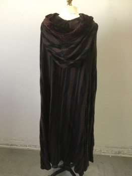 MTO, Black, Brown, Cotton, Rayon, Stripes, Diamonds, Black & Brown Woven Striped Fabric with Diamond Patterned Stripes. Hook and Eye Closure at Neck Front, with Arm Slits at Front. Crushed Brown Velour Trimmed Hood. Some Pilling at Right Hip Area.
