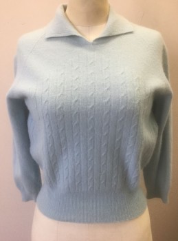 FUR BLEND, Powder Blue, Wool, Angora, Solid, Cable Knit, 3/4 Raglan Sleeves, Pullover, Collar Attached, Fitted,