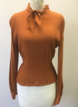 N/L MTO, Rust Orange, Silk, Solid, Crepe, Long Sleeves, Tiny Vertical Pin Tucks Across Front, Self "Pussy Bow" Ties at Stand Collar, Self Fabric Covered Buttons at Center Back, 1930's Made To Order Reproduction, Has a Double (FC037199)