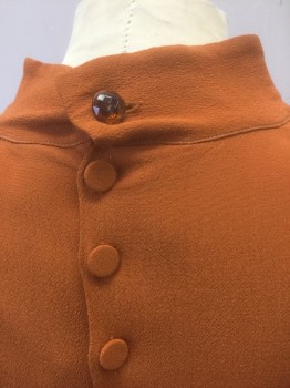 N/L MTO, Rust Orange, Silk, Solid, Crepe, Long Sleeves, Tiny Vertical Pin Tucks Across Front, Self "Pussy Bow" Ties at Stand Collar, Self Fabric Covered Buttons at Center Back, 1930's Made To Order Reproduction, Has a Double (FC037199)