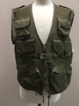 RIGO, Olive Green, Nylon, Polyester, Solid, Zip Front, Deep V-neck, Mesh with Lots of Pockets and Zips, Epaulets, Hunting and Fishing