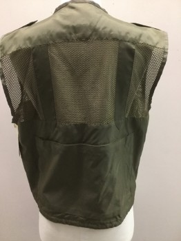 RIGO, Olive Green, Nylon, Polyester, Solid, Zip Front, Deep V-neck, Mesh with Lots of Pockets and Zips, Epaulets, Hunting and Fishing