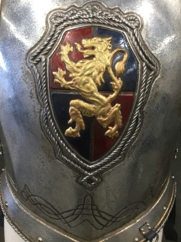 MTO, Silver, Navy Blue, Rubber, Leather, SUIT of ARMOR: Breastplate/Cuirass: Silver Rubber Aged to Look Like Metal, Molded Frame,  Leather Trim with Silver Triangle Metal Detail,  Gold Embossed Detail, Faux Rivets, Gold Lion Crest Front,Front and Back Plates, Leather Buckle Straps at Shoulder and Sides, Velcro Side Closures, Multiples See CF120857