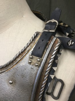 MTO, Silver, Navy Blue, Rubber, Leather, SUIT of ARMOR: Breastplate/Cuirass: Silver Rubber Aged to Look Like Metal, Molded Frame,  Leather Trim with Silver Triangle Metal Detail,  Gold Embossed Detail, Faux Rivets, Gold Lion Crest Front,Front and Back Plates, Leather Buckle Straps at Shoulder and Sides, Velcro Side Closures, Multiples See CF120857
