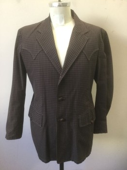PATRICK DULUTH, Brown, Black, Gray, Cotton, Check , Western Style Jacket, Single Breasted, Notched Lapel, 3 Leather Knotted Buttons, 2 Pockets with Button Closures, Western Style Yoke, Tan Top Stitching, Light Peach Silk Lining