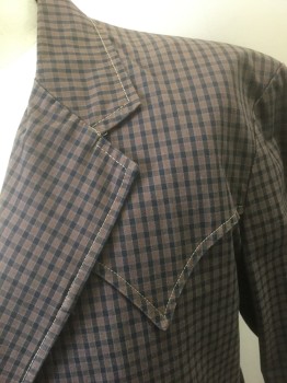 PATRICK DULUTH, Brown, Black, Gray, Cotton, Check , Western Style Jacket, Single Breasted, Notched Lapel, 3 Leather Knotted Buttons, 2 Pockets with Button Closures, Western Style Yoke, Tan Top Stitching, Light Peach Silk Lining