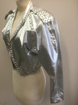 FREE ART STUDIOS, Silver, Leather, Shawl Lapel, Silver Circular Studs at Lapel/Front, Dolman Sleeves, Padded Shoulders, No Closures, Shoulder Epaulettes with Silver Grommets, Star Shaped Studs and Rhinestones, **Black Stain at Shoulder
