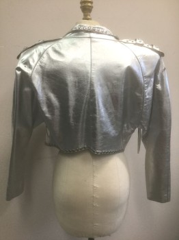 FREE ART STUDIOS, Silver, Leather, Shawl Lapel, Silver Circular Studs at Lapel/Front, Dolman Sleeves, Padded Shoulders, No Closures, Shoulder Epaulettes with Silver Grommets, Star Shaped Studs and Rhinestones, **Black Stain at Shoulder