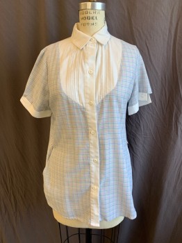 BARCO, White, Baby Blue, Pink, Raspberry Pink, Teal Blue, Polyester, Cotton, Color Blocking, Plaid-  Windowpane, Collar Attached, Solid White Yoke Front with Vertical Pleats, Solid White 1" Short Sleeves Cuffs & Button Front Placket, Curved Hem, 2 Pockets Side, No Belt