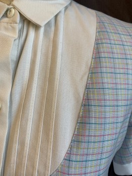 BARCO, White, Baby Blue, Pink, Raspberry Pink, Teal Blue, Polyester, Cotton, Color Blocking, Plaid-  Windowpane, Collar Attached, Solid White Yoke Front with Vertical Pleats, Solid White 1" Short Sleeves Cuffs & Button Front Placket, Curved Hem, 2 Pockets Side, No Belt