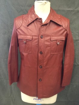 N/L, Brick Red, Leather, Solid, Button Front, Collar Attached, Long Sleeves, 2 Single Welt Pockets, 2 Patch Button Flap Chest Pockets, Quilted Shoulder Panels, Button Tabs at Back Vents