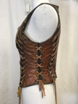 MTO, Caramel Brown, Black, Leather, Vinyl, Reptile/Snakeskin, Solid, Scoop Neck, Sleeveless, Hidden Zip Back, Lace Up Sides and Princess Seams, Poly Knit Lined, Some Bust Padding, Corset Boning, Warrior Princess, Future Tough Girl, Adjustable, Multiples