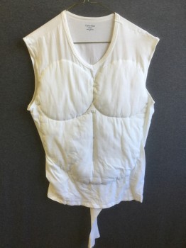 CAVLIN KLEIN, White, Cotton, Polyester, Solid, Sleeveless, V-neck, Crotch Strap, Padded Chest for Sight Build Up