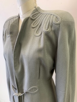 NATHALIE NICOLI, Gray, Wool, Solid, Crepe, Heavily Padded Shoulders, Open Center Front with Tiny Hook & Eye at Waist with Self Ties, Looped Self Appliques at Shoulders, Copper Satin Lining, **Has Some Faded Marks in Back