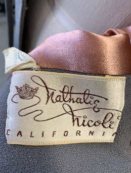 NATHALIE NICOLI, Gray, Wool, Solid, Crepe, Heavily Padded Shoulders, Open Center Front with Tiny Hook & Eye at Waist with Self Ties, Looped Self Appliques at Shoulders, Copper Satin Lining, **Has Some Faded Marks in Back
