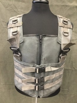 MTO, Gray, Cotton, Nylon, Solid, Tactical Vest, Zip Front, Black Leather Trim, Webbing Strap Shoulders with Metal Snap Buckles, 7.5" Outer Waistband Panel with Velcro Closure Front, 3 Webbing Straps Around Waist with Plastic Snap Buckles Front and Back, Angular Back Panel, Aged