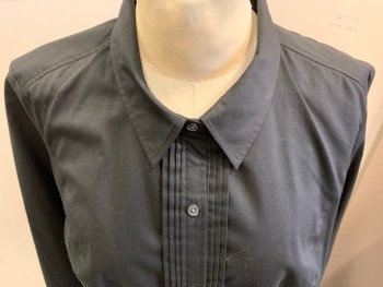 EXPRESS, Black, Poly/Cotton, Spandex, Solid, Long Sleeves, Button Front, Collar Attached, Pleated Center Front,