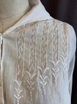 N/L, White, Cotton, Solid, Button Front, Sailor Collar, Lace Inset Strips From Shoulders with White Embroidery at Bottoms of Stripes, Gathered at Waistband, 3/4 Sleeve, Rolled Back Cuff, *Holes Near Top 2 Button Holes, Shredding Fabric at Cuff