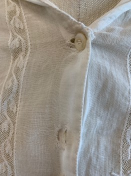N/L, White, Cotton, Solid, Button Front, Sailor Collar, Lace Inset Strips From Shoulders with White Embroidery at Bottoms of Stripes, Gathered at Waistband, 3/4 Sleeve, Rolled Back Cuff, *Holes Near Top 2 Button Holes, Shredding Fabric at Cuff