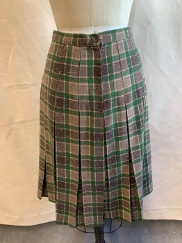 N/L, Green, Dk Brown, Taupe, Red, Lt Blue, Wool, Plaid, Pleated, Zip Back, Button Closure