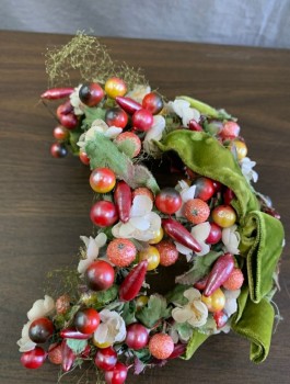 N/L, Multi-color, Olive Green, Magenta Pink, Off White, Beaded, Silk, Clusters of Plastic Berries, Silk Flowers and Leaves, Olive Velour Bow, Bits of Olive Netting in Poor Condition Attached