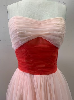 NO LABEL, Pink, Red, Polyester, Nylon, Solid, Strapless, Semi Sweetheart Neckline, Red Waist Band, Pleated Tulle, Side Zipper