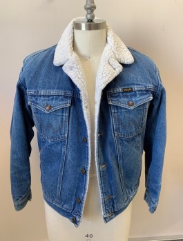 WRANGLER, Denim Blue, White, Cotton, Color Blocking, L/S, B.F., Faux Fur Collar And Lining, Chest Pockets With Button Flaps, "W" Top Stitch
