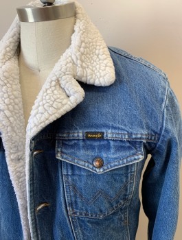 WRANGLER, Denim Blue, White, Cotton, Color Blocking, L/S, B.F., Faux Fur Collar And Lining, Chest Pockets With Button Flaps, "W" Top Stitch
