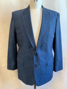 LEADING CO CUSTOM, Dk Blue, Wool, Heathered, Sharkskin Weave, Horizontal Streaks in Weave, Single Breasted, Notched Lapel, 2 Buttons, 3 Pockets, Retro Inspired 1980's Does 50's,